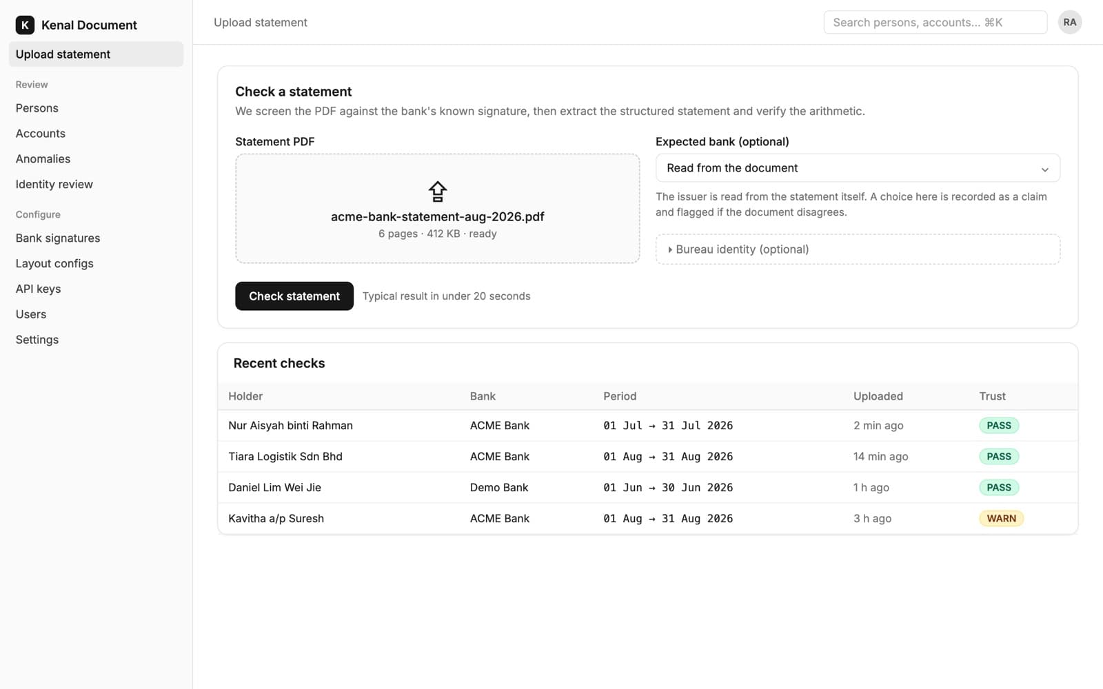 Kenal Document upload screen with a bank statement PDF ready to check and a list of recent checks marked Pass