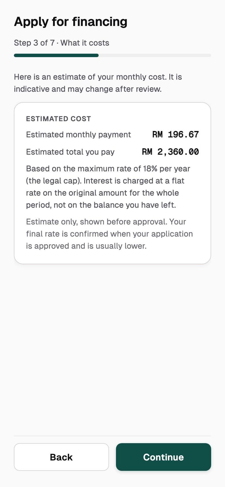 Loan application step showing an estimated monthly payment of RM 196.67 and a plain-language explanation of the flat interest rate