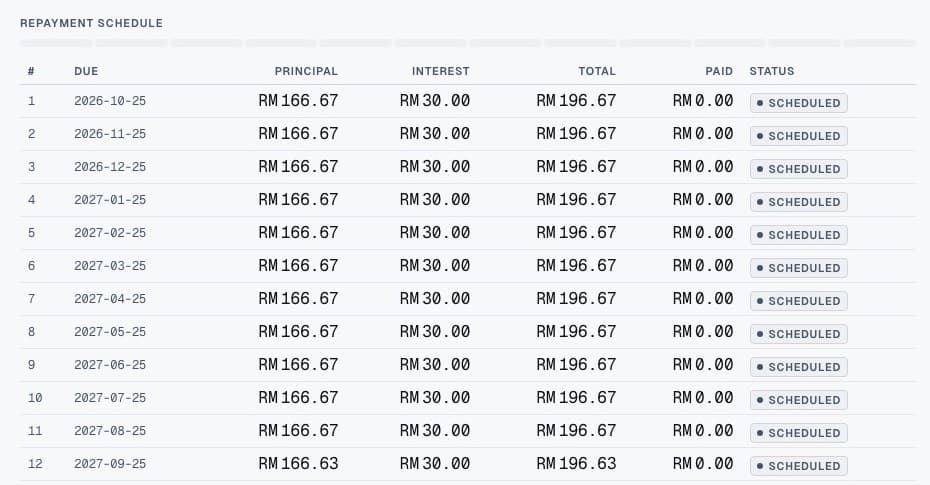 A 12-month repayment schedule of principal, interest and totals