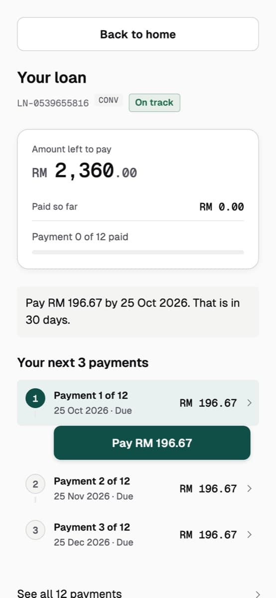 Kenal Loan borrower app showing a loan on track and the next monthly payments