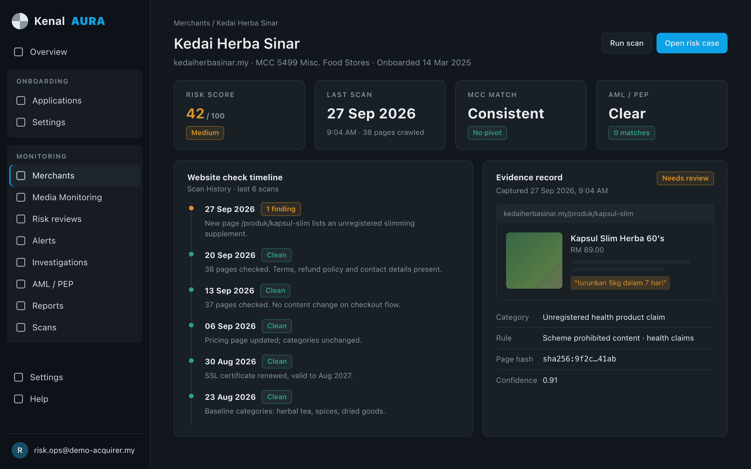 Kenal Aura merchant page with a website check timeline of clean scans and one new finding, beside the captured evidence of a prohibited product listing