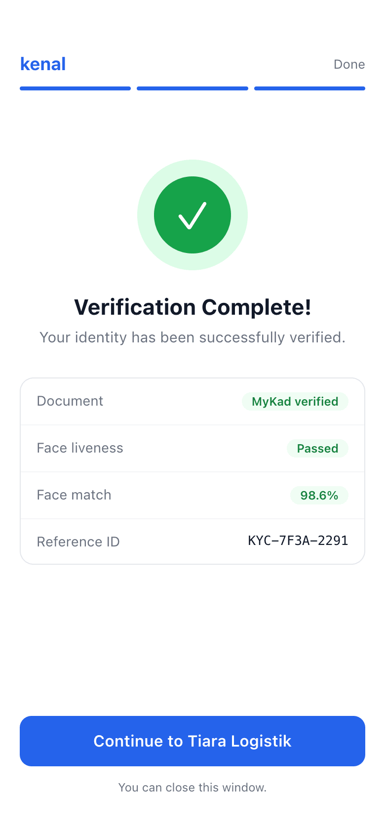 Kenal eKYC success screen: Verification Complete, with the MyKad verified, liveness passed and a face match score