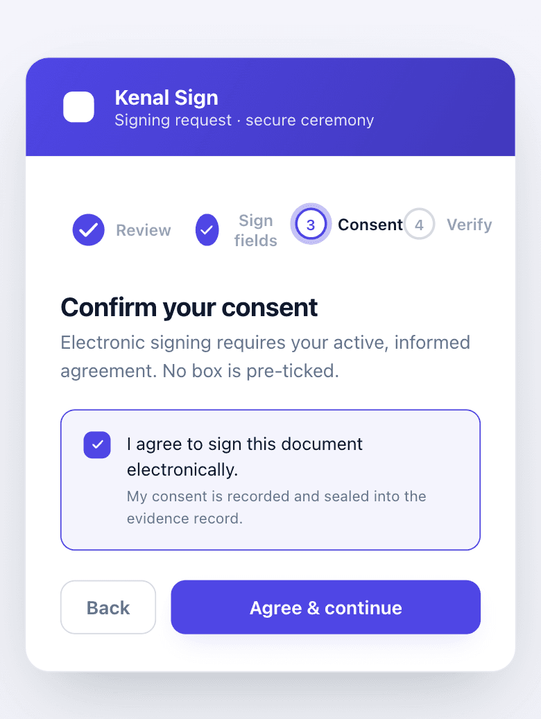 Kenal Sign consent step: the signer ticks 'I agree to sign this document electronically' before continuing