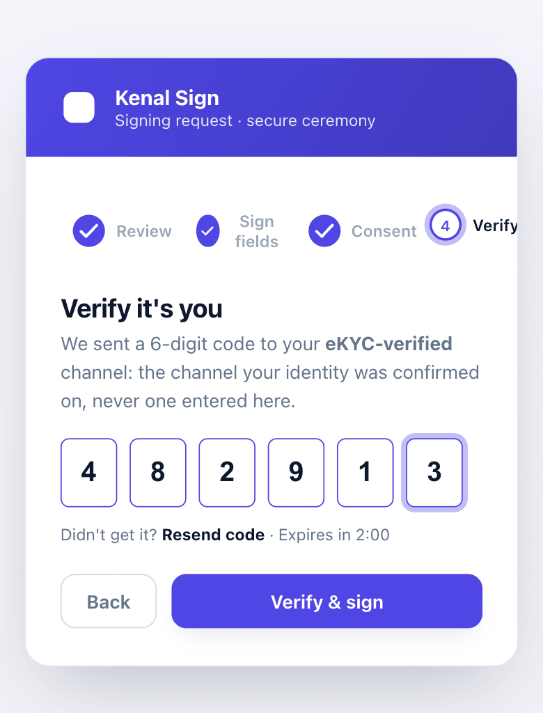 Kenal Sign verify step: a six-digit one-time code entered, sent only to the signer's eKYC-verified channel