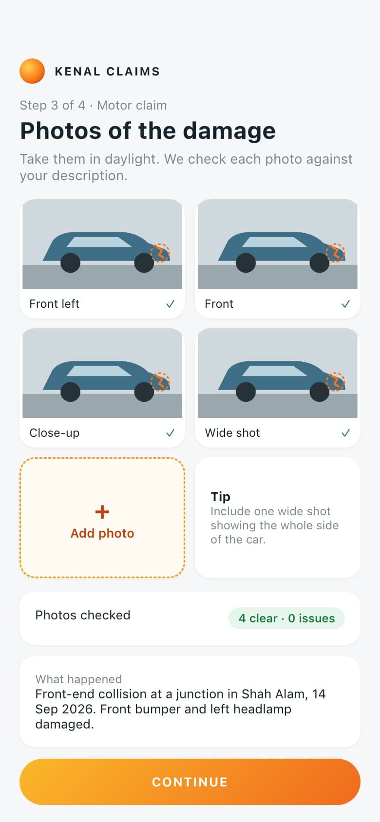 Kenal Claims on a phone: a policyholder uploads photos of car damage, each marked as checked
