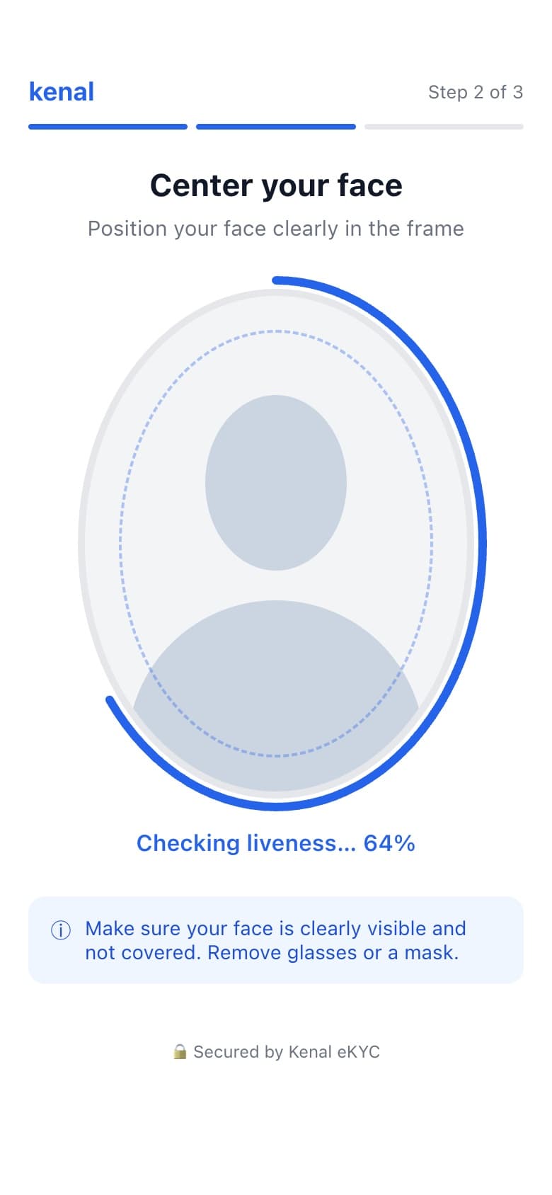 Kenal eKYC liveness check on a phone, asking the applicant to centre their face in an oval guide