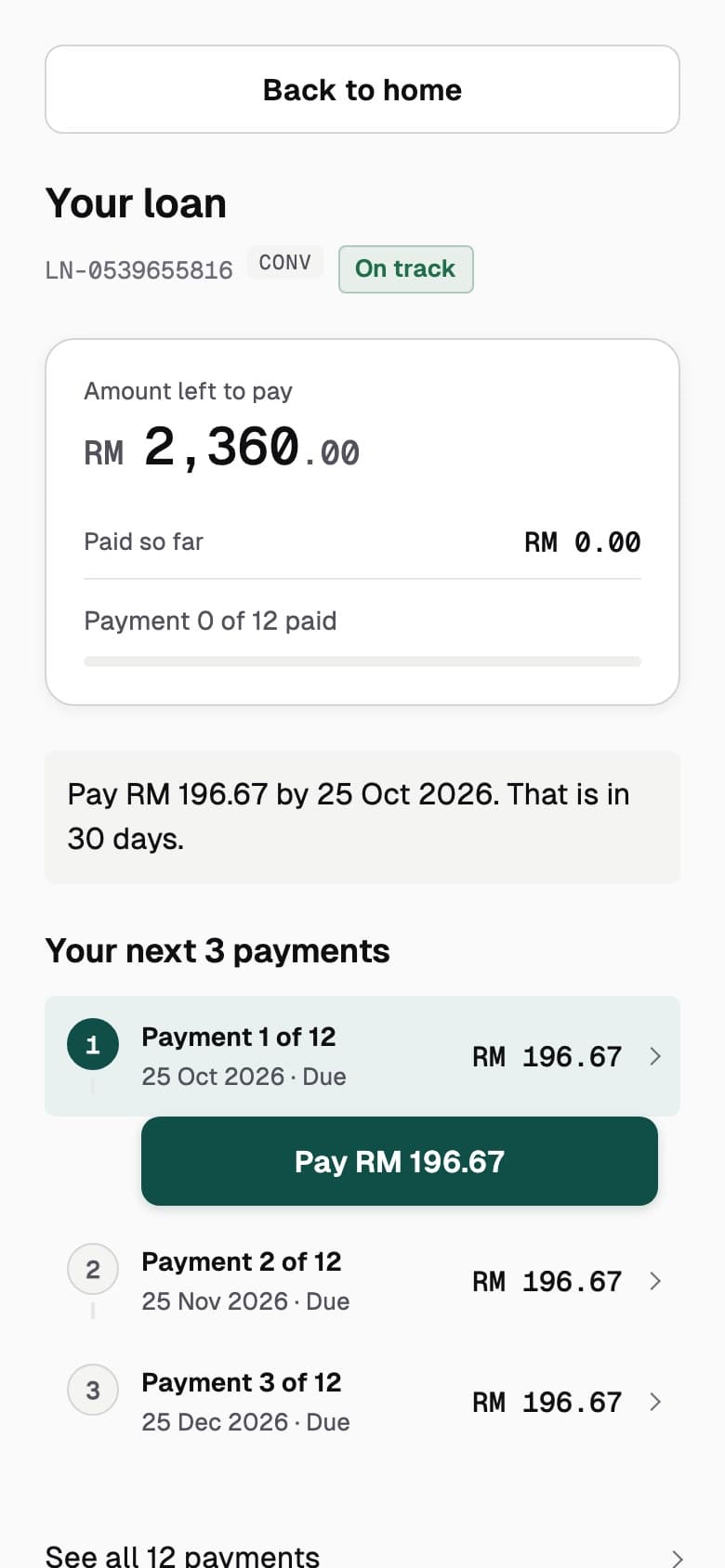 Kenal Loan borrower app showing a loan on track, the balance left to pay and the next monthly payments