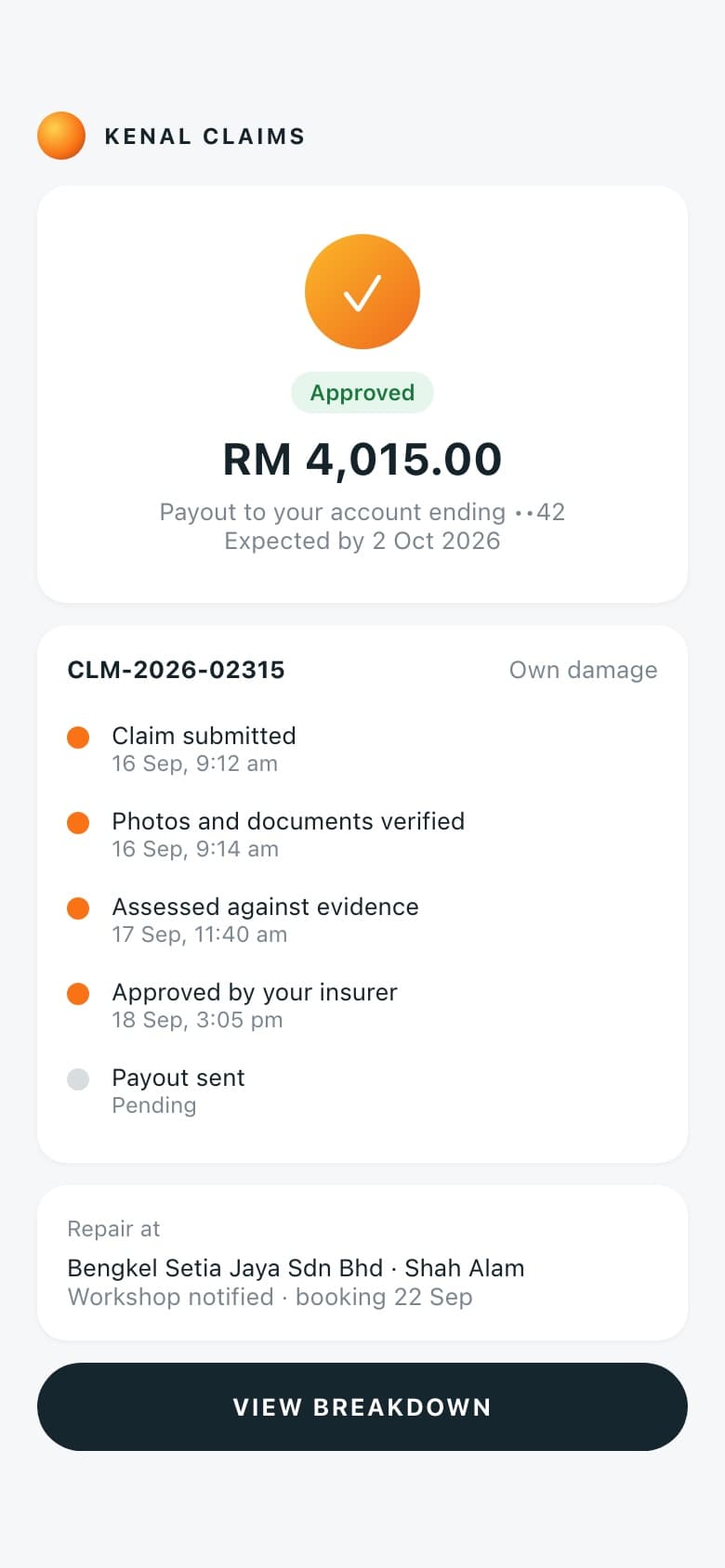 Phone screen showing a motor claim approved, with a timeline from submission to insurer approval and the payout pending