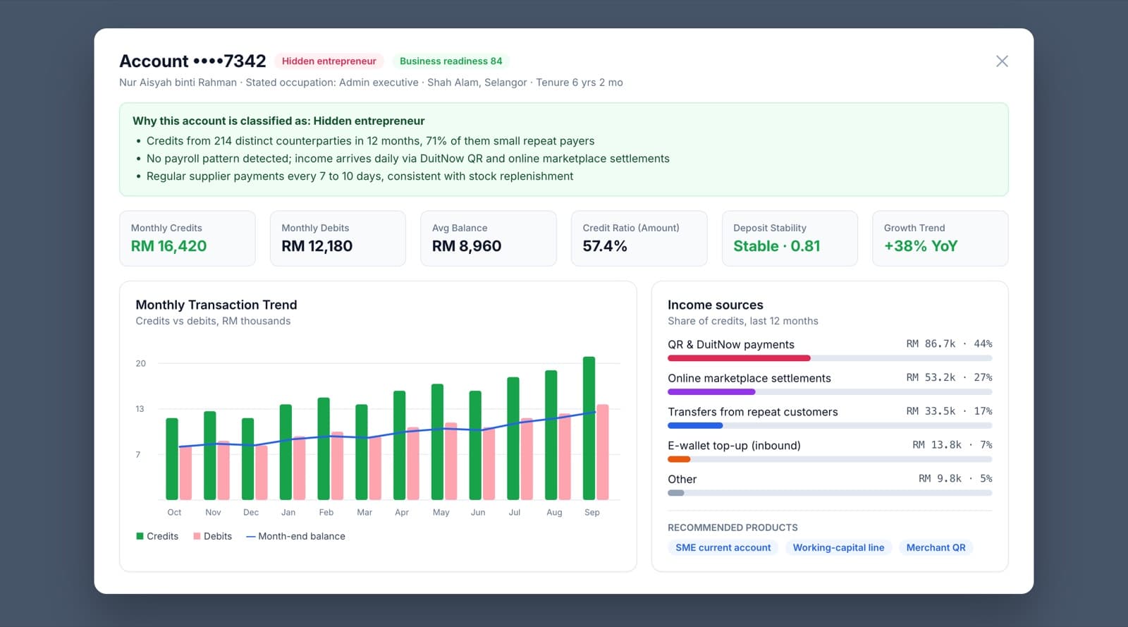 Account detail in Kenal Transaction explaining why a personal account is classified as a hidden entrepreneur, with deposit stability, a 12-month trend and a breakdown of income sources