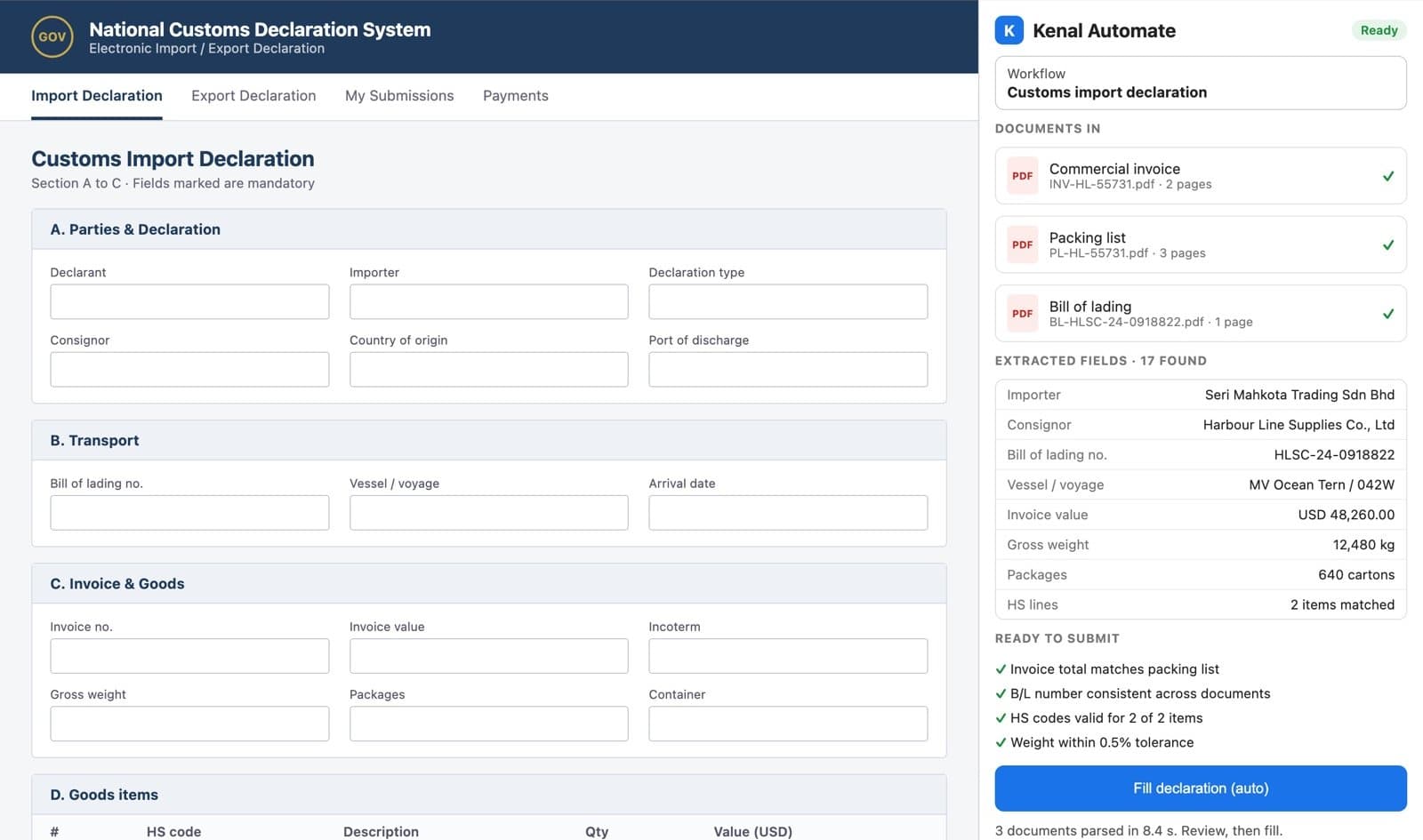 Kenal Automate side panel next to a blank customs import declaration form, showing three parsed shipping documents, extracted shipment fields and four passed cross-document checks
