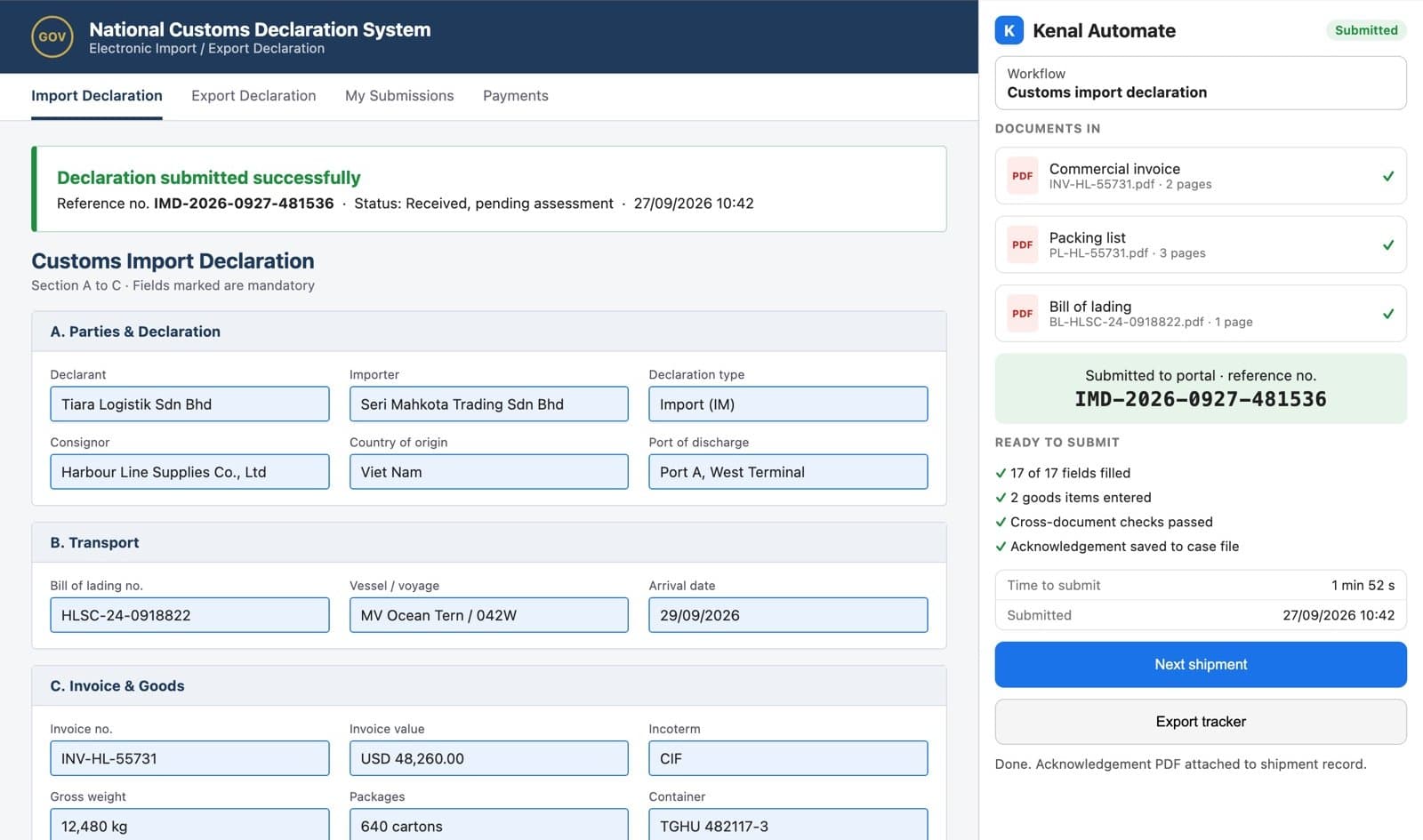 Completed customs import declaration with a success banner and portal reference number, and the Kenal Automate panel confirming all 17 fields filled