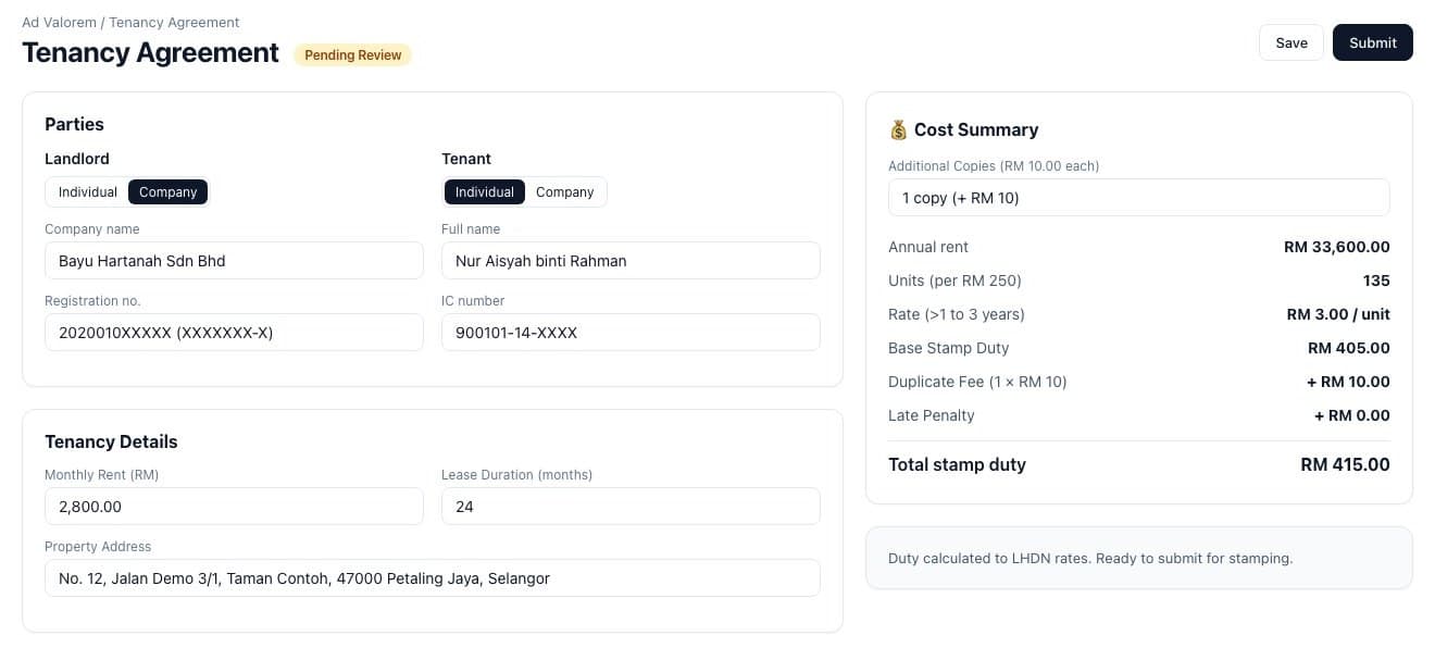 Kenal Stamps tenancy agreement screen calculating stamp duty for a 24-month lease at RM 2,800 a month, totalling RM 415.00