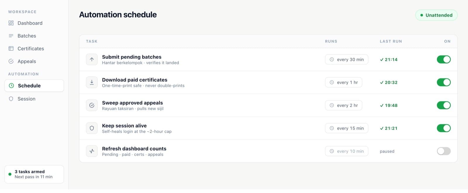 Kenal SHEAR automation schedule running unattended: submitting pending batches, downloading paid certificates, sweeping approved appeals and keeping the portal session alive