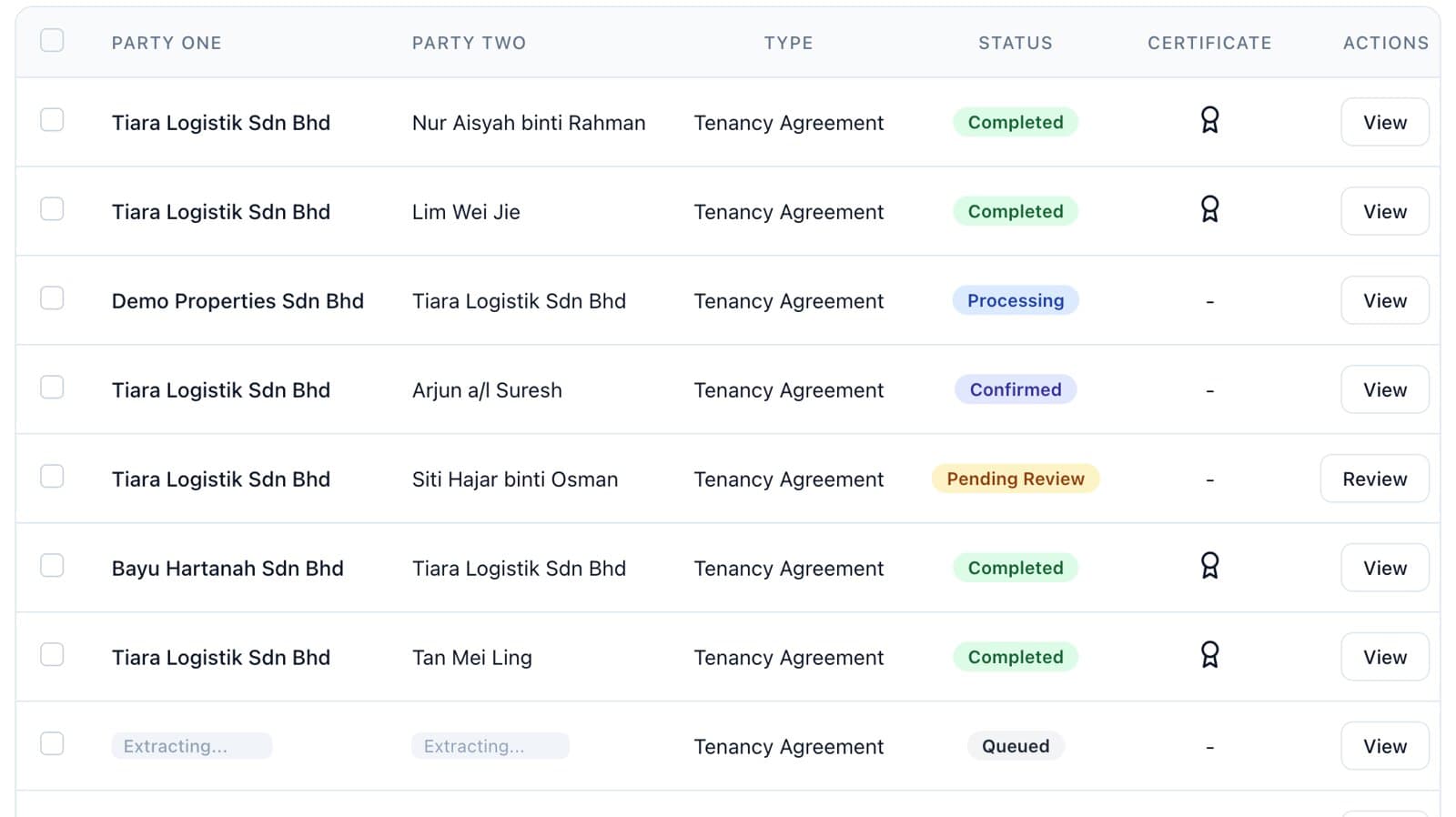 Kenal Stamps contract list showing tenancy agreements by party, their stamping status and which stamp certificates are ready