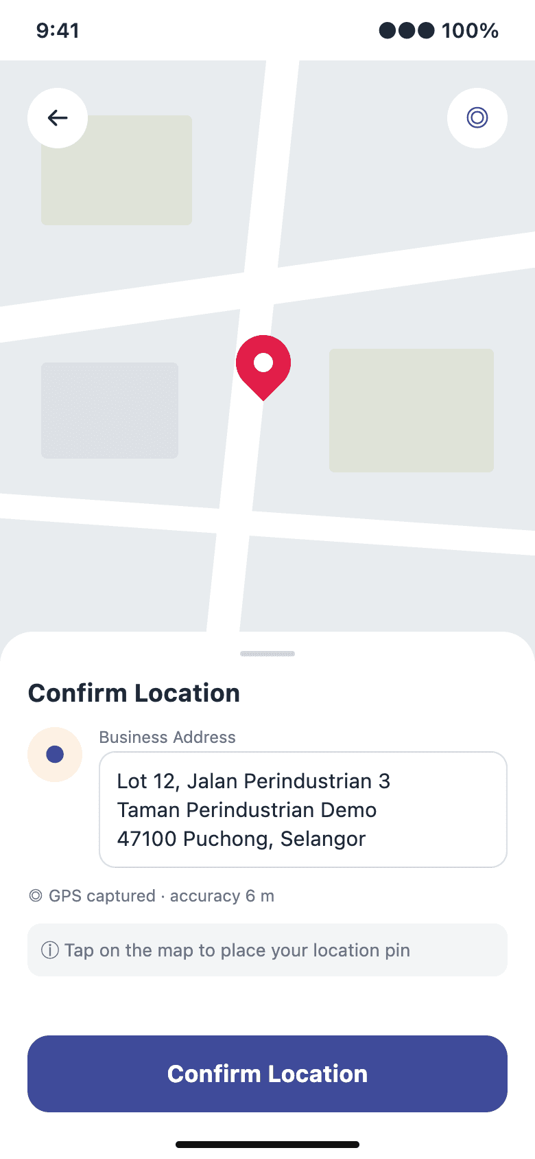 Kenal Business app map with a location pin and a Confirm Location sheet showing the business address and the captured GPS accuracy