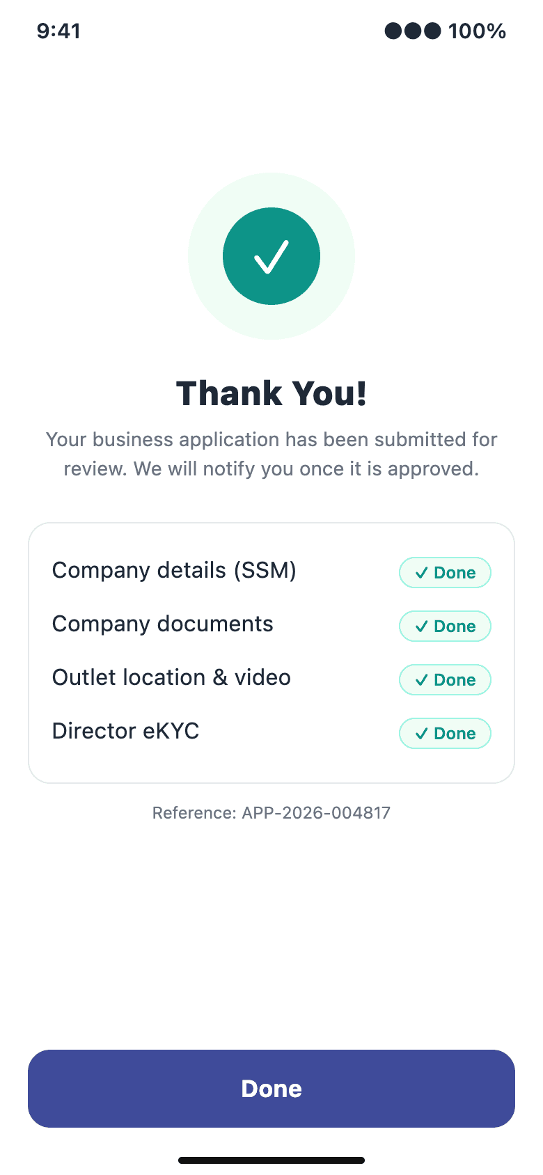 Kenal Business app confirmation that the application is submitted, with company details, documents, outlet location and video, and director eKYC all done