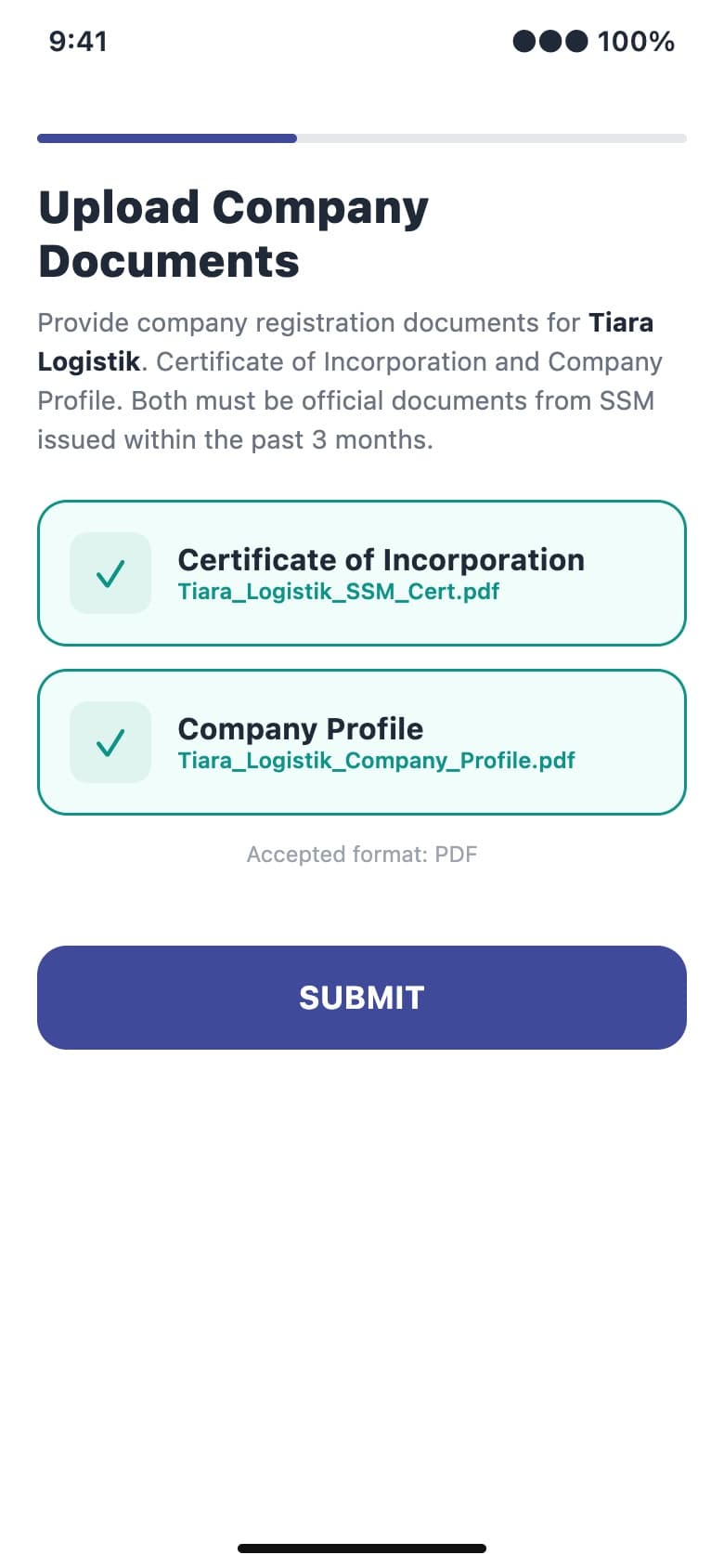 Kenal Business on a phone: a company's SSM certificate of incorporation and company profile uploaded and checked
