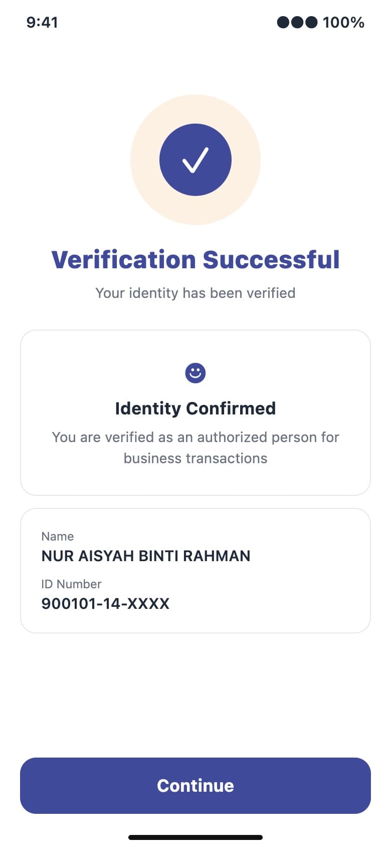 Kenal Business on a phone: the authorised signatory's identity verified for business transactions